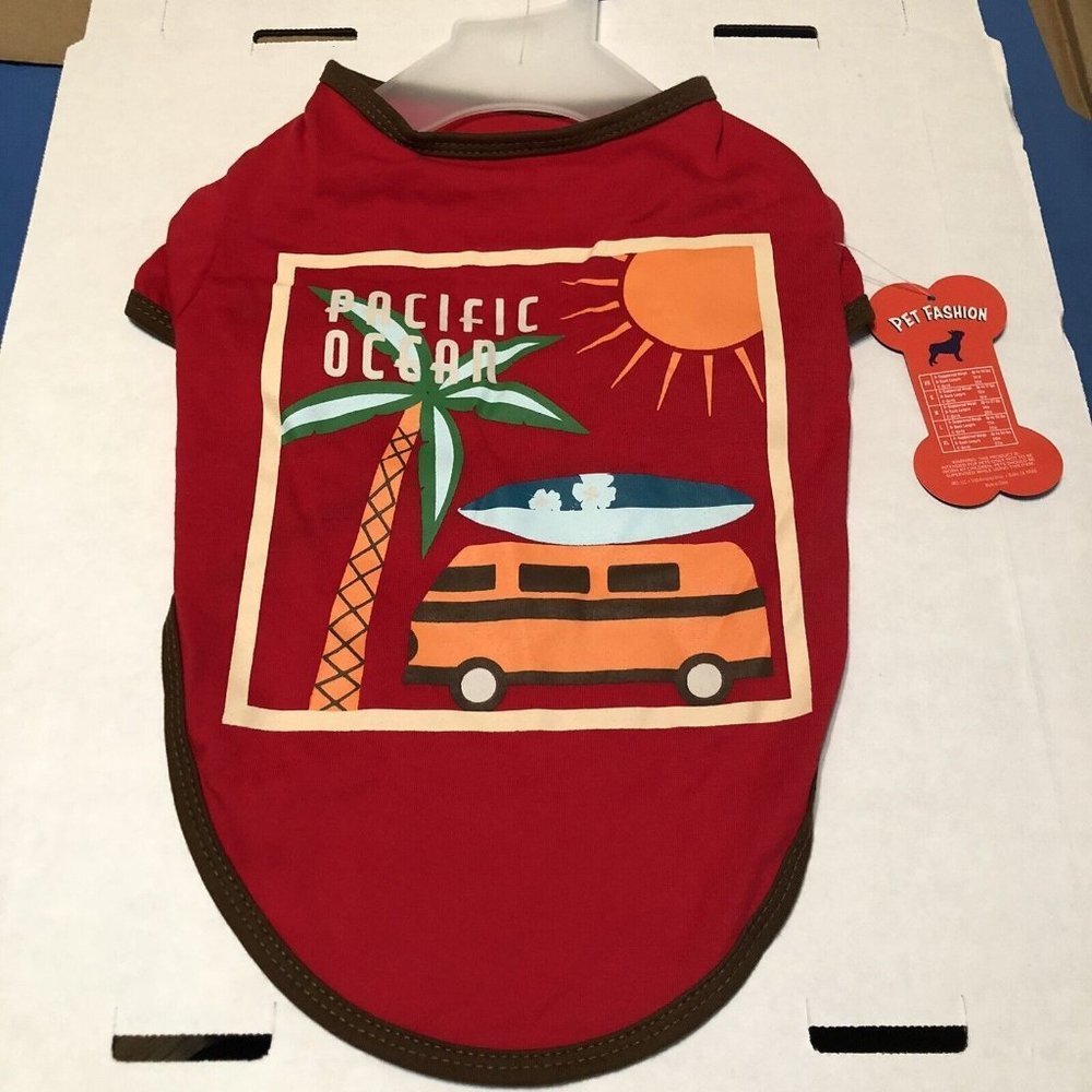 pet fashion t shirt size Small Red Pacific Ocean Van Palm Tree Sunshine